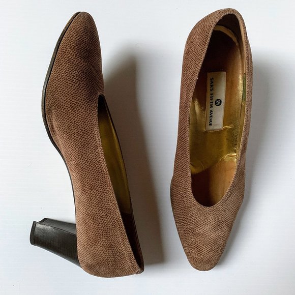 Saks Fifth Avenue Suede Wood Heels - 10 - Picture 2 of 8